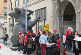 Unionized workers rallying outside of Legal Services NYC’s Manhattan office at 40 Worth St. amid contract negotiations.